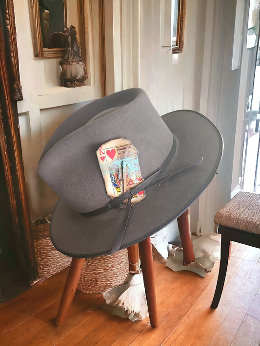 Handcrafted Dark Gray Fedora Hat Distressed Player Style for Fashion Lovers & Trendsetters - Unique Poker Card Accent